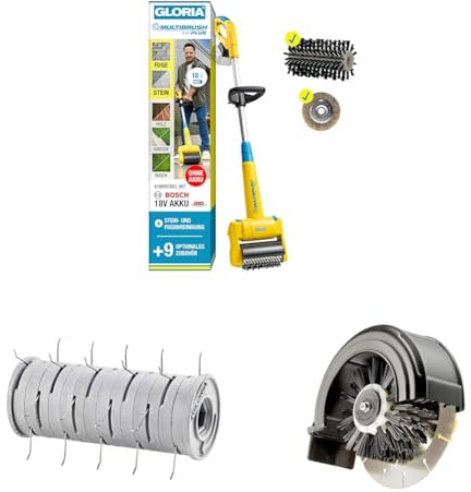 GLORIA MultiBrush li-on – Rasenpflege Set | Akku Reinigungsbürste mit Rasenlüfter & Rasenkantenschneider | Moosentfernung, Kanten schneiden | Kompatibel mit BOSCH 18V Akku (nicht enthalten)