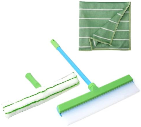 Kit de raclette en silicone recyclable, nouveau kit de nettoyage de fenêtre 2025, outils de nettoyage de vitres avec raclette en silicone et éponge en microfibre, serviette pour vitre de douche