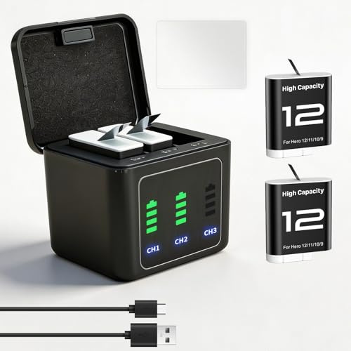 Kit di ricarica batteria compatibile con GoPro Hero 12 11 10 9 Black, confezione da 2 batterie ricaricabili da 2580 mAh + custodia di ricarica tripla + cavo di tipo C + pellicola protettiva in vetro