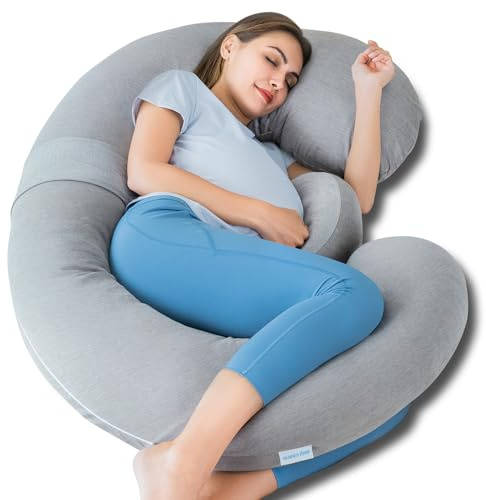 QUEEN ROSE Pregnancy Pillow, E Shaped Body Pillows for Sleeping Support, 60 Inch Maternity Pillow for Pregnant Women with Cooling Silky Cover, Grey