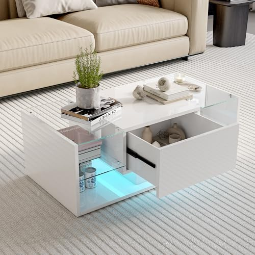 MASAJIA Mesa de Centro Blanca con Iluminación LED, Mesa Baja de Salón Brillante con Cajones y Tapa de Cristal para Salón Recepción,Moderna (100x50x35 cm)