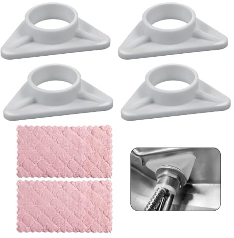 4 Pièces Renfort d’Évier, Stabilisateur Robinet Ø37mm Anti-Balancement | Plastique blanc anti-vibration, 4 supports Ø37mm et 2 chiffons, pour mitigeur monobloc, évier inox, cuisine et lavabo