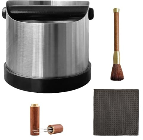 NIYATA Coffee Knock Box, Coffee Bin Knock Box, Stainless Steel Coffee Knock Box with Removable Bar, Easy-Clean Coffee Grounds Container, Includes Brush, Coffee Needle, Cloth, Anti-Slip Base
