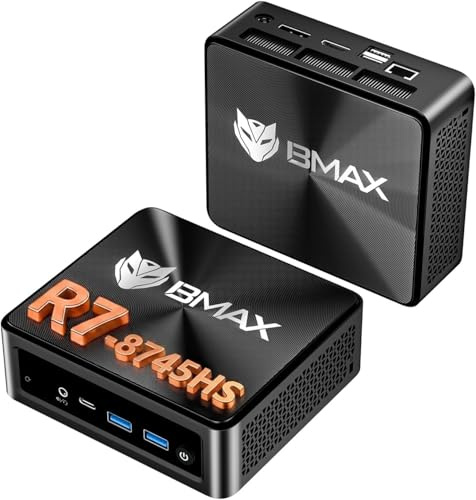 BMAX Mini PC AMD Ryzen 7 8745H (hasta 4.9GHz) 16GB RAM DDR5 512GB NVMe SSD, Win 11Pro, Mini Ordenador, Radeon 780M, 8K@60Hz Triple Pantalla/Type-C/HDMI/2.5G LAN WiFi6 BT5.2 para Oficina, Jugar, B8APro