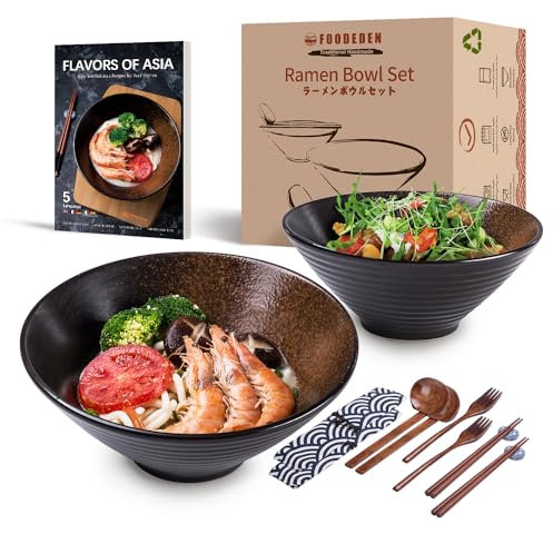 Ramen Bowl Set of 2, 1000ml Japanese-Style Ceramic Noodle Soup Bowl with Spoons, Chopsticks and Forks, Large Bowl for Pho, Udon, Pasta, Curry and Cereal, Housewarming Gift - Microwave&Dishwasher Safe