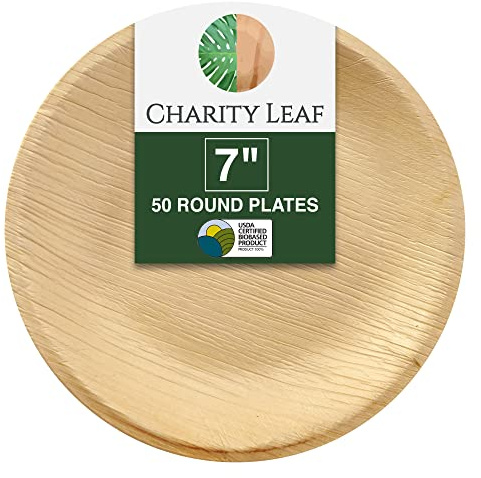 Charity Leaf Disposable Palm Leaf 7 Round Plates (50 pieces) Bamboo Like Serving Platters, Disposable Boards, Eco-Friendly Dinnerware For Weddings, Catering, Events