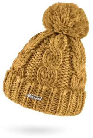 Neverless® Damen Mütze Grobstrick Strick-Bommel Pudelmütze Zopfstrickmuster Wintermütze Umschlag