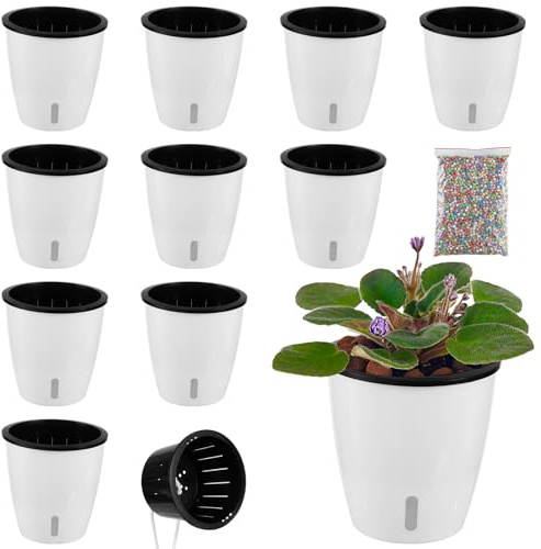 Planterhoma 5 Inch Self Watering Pots for Indoor Plants, 10 Packs African Violet Pots with Indicator, Black Wick Pot with Drainage Holes, Self Watering Planters for Orchid, Devil's Ivy, White