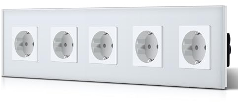 BSEED Schuko Normal Steckdose 5 Fach EU-Standard Unterputz Wandsteckdose Einfache Installationckdose Kristall Glas Platte 16Amp 250V Verlängerungssteckdosen 370mm Weiß