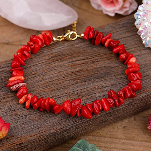 JIANGZ Chakra Armband,Unregelmäßiger Kiesstein,Natürliche Rote Koralle,Chakra-Armbänder,Verstellbares Freundschaftsarmband,Böhmischer Schmuck,Glücksgeschenk Für Frauen,Männer,Abschlussball-Party