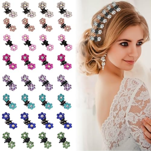 Brateuanoii 32 Stück Mini Strass Haarklauenclips, Funkelnde Kristall-Haarklauenclips, Kleine Haarspangen Damen Mädchen, Strass Elegant Blume Haarclips, Süße Mini Haarspangen, 8 Farben