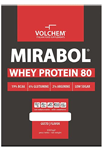 Volchem Mirabol Whey Protein 80, Integratore Alimentare con Sieroproteine del Latte, 19% Aminoacidi Ramificati, con Arginina e Glutammina, Sacchetto con Polvere Solubile, Gusto Cioccolato, 1000 g