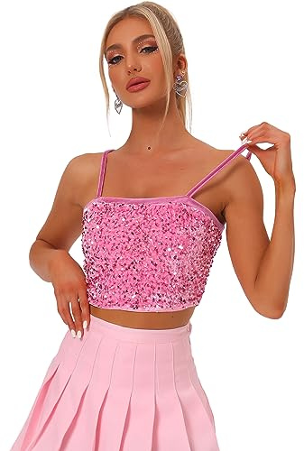Allegra K Damen Pailletten samt Spaghettiträger Crop Cami Top | Ärmelloses Design Geeignet für Weihnachten Abschlussball Bühnenauftritt Pailletten Details Samtgefühl
