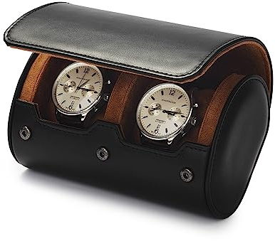 Papten 2 Slots PU Leather Watch Roll Travel Case Handmade Watch Rolls Holder Box for Men and Women (Black)