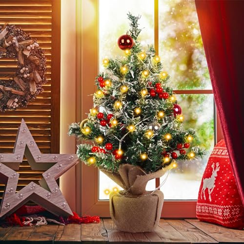 Kaket 24/60cm Tabletop Christmas Tree - Artificial With Decorated Ornaments, Top Star, Indoor Decor (Snowy)