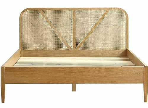 HOMIFAB Lit Adulte 140x190 cm en placage chêne avec tête de lit en Bois Massif et cannage Naturel - Leonie