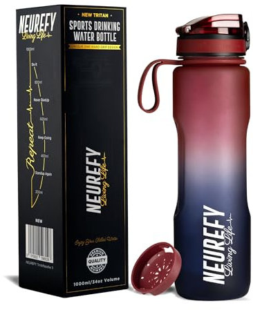 NEUREFY Trinkflasche 1L Tritan Rot N Blau - Auslaufsicher, Grifffest, BPA-frei - Sportflasche mit Anzeige Trinkmenge & Sieb - Fitnessstudio Gym Flasche, Wasserflasche, Outdoor, Büro, Uni, Schule