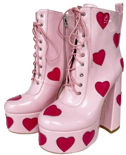 Frankie Hsu Lolita Bottines à talons hauts en forme de cœur rose verni rouge à plateforme épaisse rétro classique grande taille pour homme et femme