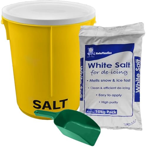 KetoPlastics 25L Yellow Grit Salt Bin 43cm with Lid and 10kg White De-icing Salt for Driveway, Path and Patio with Scoop
