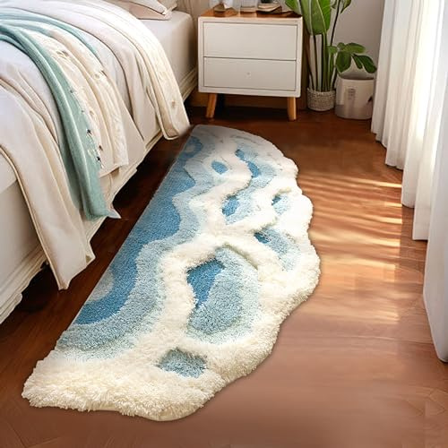 ZSHIFANG Hochflor-Läufer mit 3D-Wellenstruktur im Moos-Look, rutschfest, waschbar, als Bettvorleger, Badteppich, Badematte, Fußmatte, Duschmatte, für Schlaf-/Badezimmer & Flur, Marineblau, 58 x 183 cm