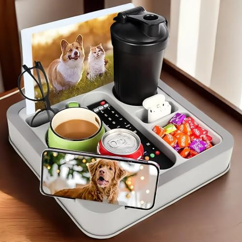 Couch Cup Holder Bed Caddy Couch Caddy Couch Tray Cup Holder for Couch,Couch Caddy with Cup Holder for Remote Phone Tablet Beverage Snack Gray.