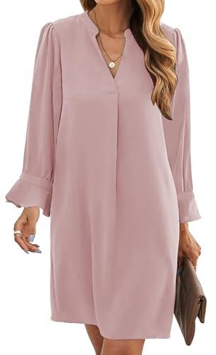 Famulily Robes décontractées pour femmes, mini, à manches longues, avec volants, col en V, robe de travail ample, automne, S-XXL, rose, L