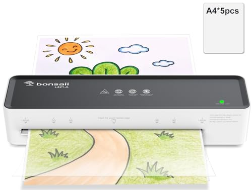 Bonsaii A4 Laminator Machine with 5 Laminating Sheets – 80-100mic Compatible, Compact & Portable Design, ABS Jam Release for Smooth Operation, Perfect for Home & Office Use (L421-A)