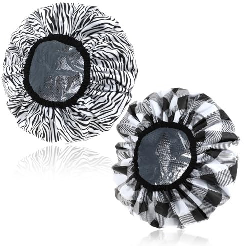 JJUNW Lot de 2 bonnets de douche double couche en feuille d'aluminium réutilisables pour les traitements capillaires à la maison et en salon (carreaux rayés)