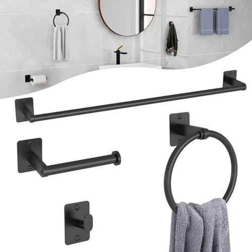 Toilet Roll Holder and Towel Rail Set, Gypie 4 Pieces Black Bathroom Accessories Set, Metal Bathroom Hardware Set Includes 24″ Black Towel Rail, Toilet Roll Holder, Towel Ring, and Wall Hook