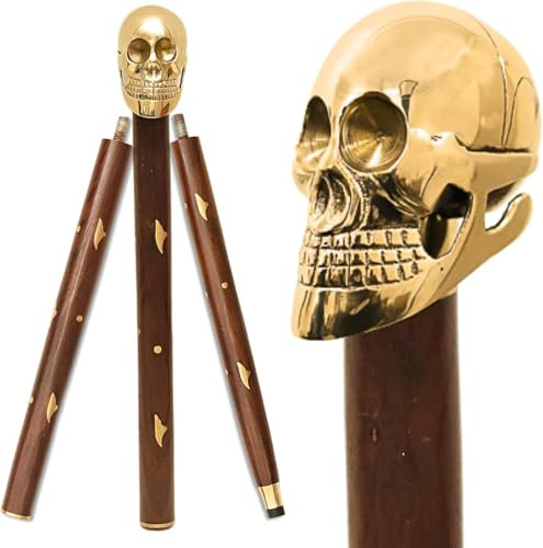 Gehstock mit massivem Messinggriff, Totenkopf-Knauf, geschnitzter Gehstock, Totenkopf-Design, Gehstock, Vintage-Geschenk für Männer und Frauen, Totenkopf-Gehstock, Hartholz-Schaft, Gehstock