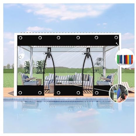 Lona de PVC negro resistente con puerta con cremallera, impermeable y cortinas transparentes para uso en exteriores (2,9 x 9 m)