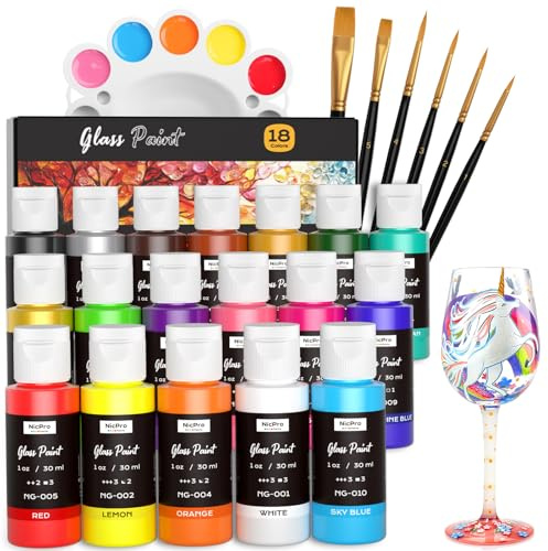 Nicpro Acrylfarben Set für Glasmalerei, 18 Farben×30 ml Glasmalfarbe, wasserfestes Acryl Emaille und Keramik Malset, Farbe für Glas, Weingläsern, Gläser, Fenstern, Porzellan, mit Palette und 6 Pinsel