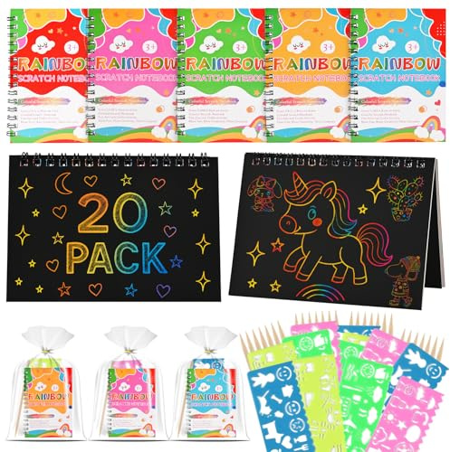 GOLDGE 20 Libros Scratch Art Regalos Cumpleaños Niños Colegio Invitados con Bolsas|Juguetes Niña de Detalles Cumpleaños Niños con Lápices y Plantillas Regalo Niña para Fiesta Infantil de 3-12 Años