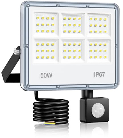LAMLAMCK 50W 5000 LM LED Strahler mit Bewegungsmelder Außen | 6 In1 Lichtplatine, IP67 Wasserdicht, 7000 K Kaltweiß LED Scheinwerfer mit Bewegungsmelder für Garten, Hof, Garage, Straße