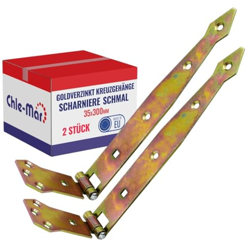 Chle-Mar 2x Schmale Scharniere Schwerlast für Holztüren 35x300mm Verzinkt | Stabiles Gartentor Scharnier, Robustes Ladenband für Türen & Möbel, Verzinktes Tor Scharnier, Kreuzgehänge Langlebig
