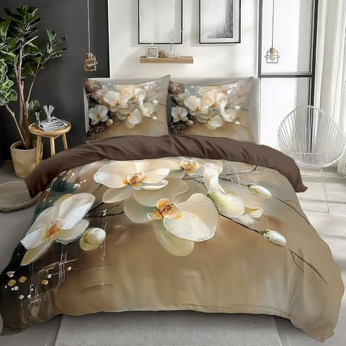 Beige Parure de lit Adulte 2 Personnes 240x260 cm orchidée Blanche Art Sets de Housse de Couette Polycoton Ensemble Literie Linge de Lit avec Fermeture éclair et 2 Taies d'oreiller
