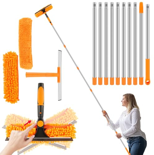 15 ft Window Cleaning Equipment - 2 In 1 Extendable Window Cleaner with Long Handle - Window Cleaning Tool Kit with Squeegee and Microfiber Cloth for Indoor/Outdoor Window Car Glass Wall
