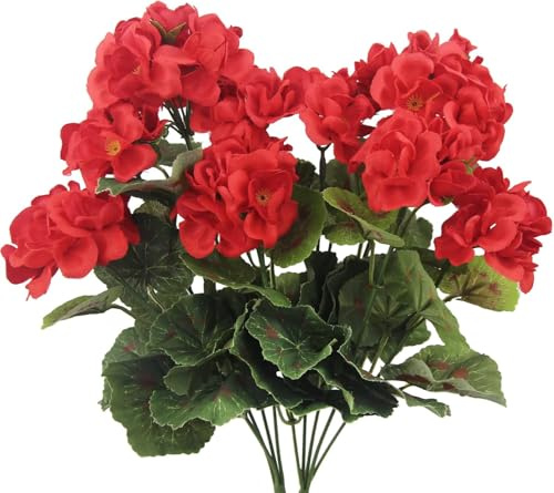 YTZWkit Artificial Flowers Outdoor, 3 Bundles Silk Fake Geranium Flower, Look Real UV Resistant Faux Plants for Front Door Garden Porch Planter Patio Balcony Yard Indoor Home Decoration (Red)