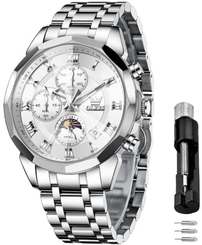 OLEVS Männer Uhr Quarz Luxus Business Uhren Multifunktion Chronograph Mondphase wasserdicht Leuchtend Edelstahl Armbanduhr