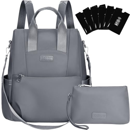 Eshow Rucksack Damen Diebstahlschutz inkl. RFID Clutch Bag 3-in-1 Grau | Cityrucksack Klein für Freizeit Alltag Pendeln Schule Arbeit Reisen Büro Einkaufen, Wasserabweisend, Elegant für Frauen