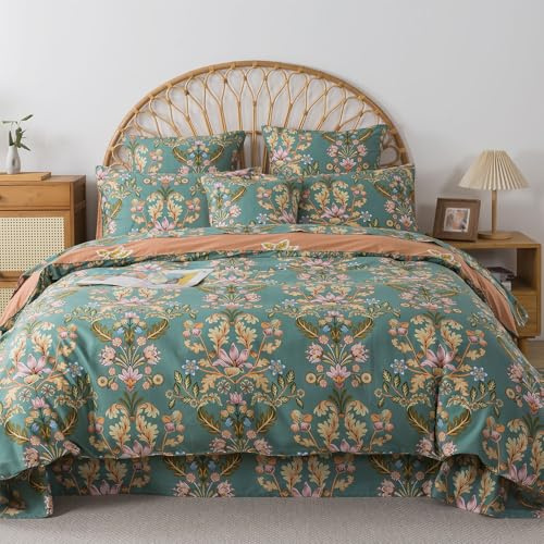 FADFAY King/Cal King Duvet Cover Set, 3-Piece 100% Cotton, Boho Vintage Teal Blue & Orange Floral Bedding, Reversible Country Style Bed Cover with Zipper
