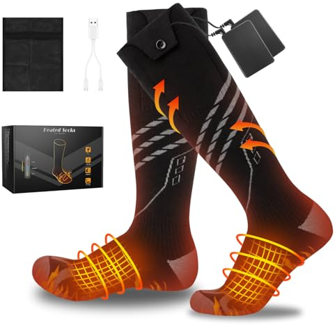 Chaussettes chauffantes pour Hommes Femmes Chaussettes chauffantes avec Rechargeable Batterie 5000mAh/5V, 4 Températures Réglables Chaussette Chauffante pour activités Hivernales-Noir