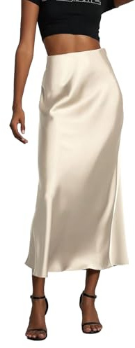 Narecte Women's Skirts Elegant Satin Midi Skirt High Waisted Mermaid Long Skirts for Summer and Fall Beige XS