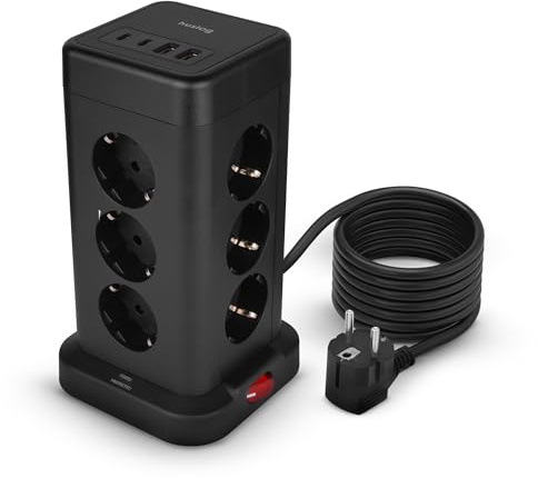 Huslog Tour multiprise avec 12 Prises CA et 4 Ports USB (2 USB-C, 2 USB-A) – Multiprise avec Protection Contre Les surtensions, câble de 1,8 m, 3 680 W, Verticale, Noire