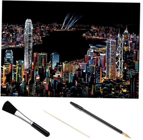 Angoily Kit de Herramientas para Pintura de Rascar Imagen Ciudad Nocturna Accesorios DIY con Lápiz Pincel y Varilla para Educación Primaria