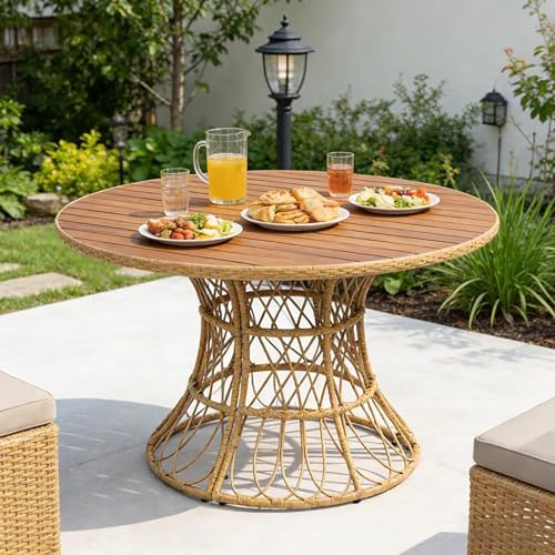 Merax 47.24 Round Outdoor Dining Table, Acacia Wood Top & Wicker Base, Patio Table for 4-6 People, Garden Outdoor Furniture, Teak Finish