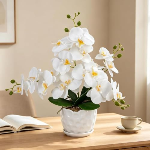 17 Artificial Orchid Flowers in Pots White Artificial Flowers Fake Orchid | Faux Orchids Plant Silk Phalaenopsis Flower Arrangement for Living Room Table Centerpiece Bathroom Office Indoor Home Decor