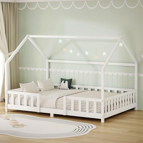ML-Design Kinderbett Hausbett 140x200 cm mit Rausfallschutz, Dach & Lattenrost, Weiß, Bettgestell aus massivem Kiefernholz, Montessori Bodenbett, Holzbett für Mädchen & Jungen, Jugendbett, Doppelbett