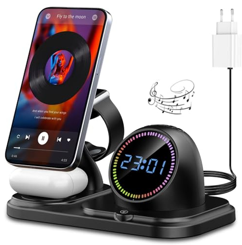 Wireless Charger, 6 in 1 Fast iphone Charger Stand with Bluetooth,Clock,RGB LED,Charging Station for Multiple Devices iphone 17 16 15 14 13 12 11/Pro Max Plus Apple Watch AirPods Pro/4/3/2-Black