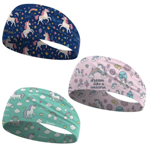 Set di 3 Fascia Capelli Bambina Unicorno, Fasce Capelli Bambina Elastiche e Traspiranti, Circonferenza 41cm, Elastici Capelli Bambina Morbidi e Assorbenti per Sport e Uso Quotidiano